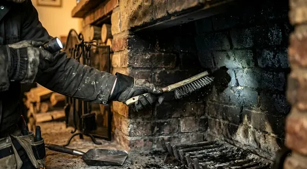 Cleaning an old brick firebox in a Johnson Street home